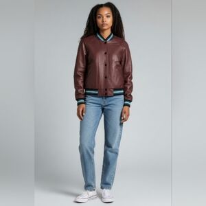 Coach Rexy Leather Varsity Jacket With Athletic Stripe Accents Misses Size Small